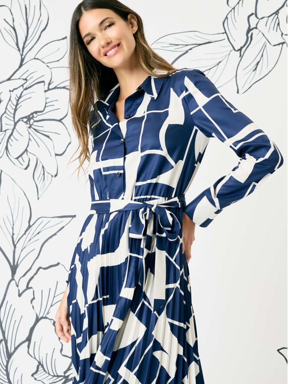 🌼B2G1🌼 Maggy London Navy and White Geometric Pleated Shirt Dress